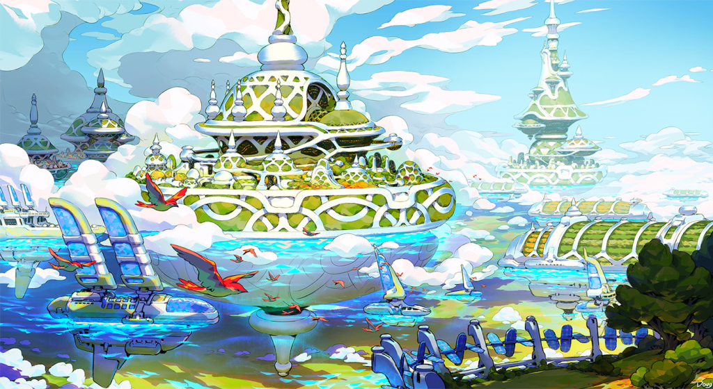 lien vers le blog (illustration : une cité solarpunk dans les nuages)